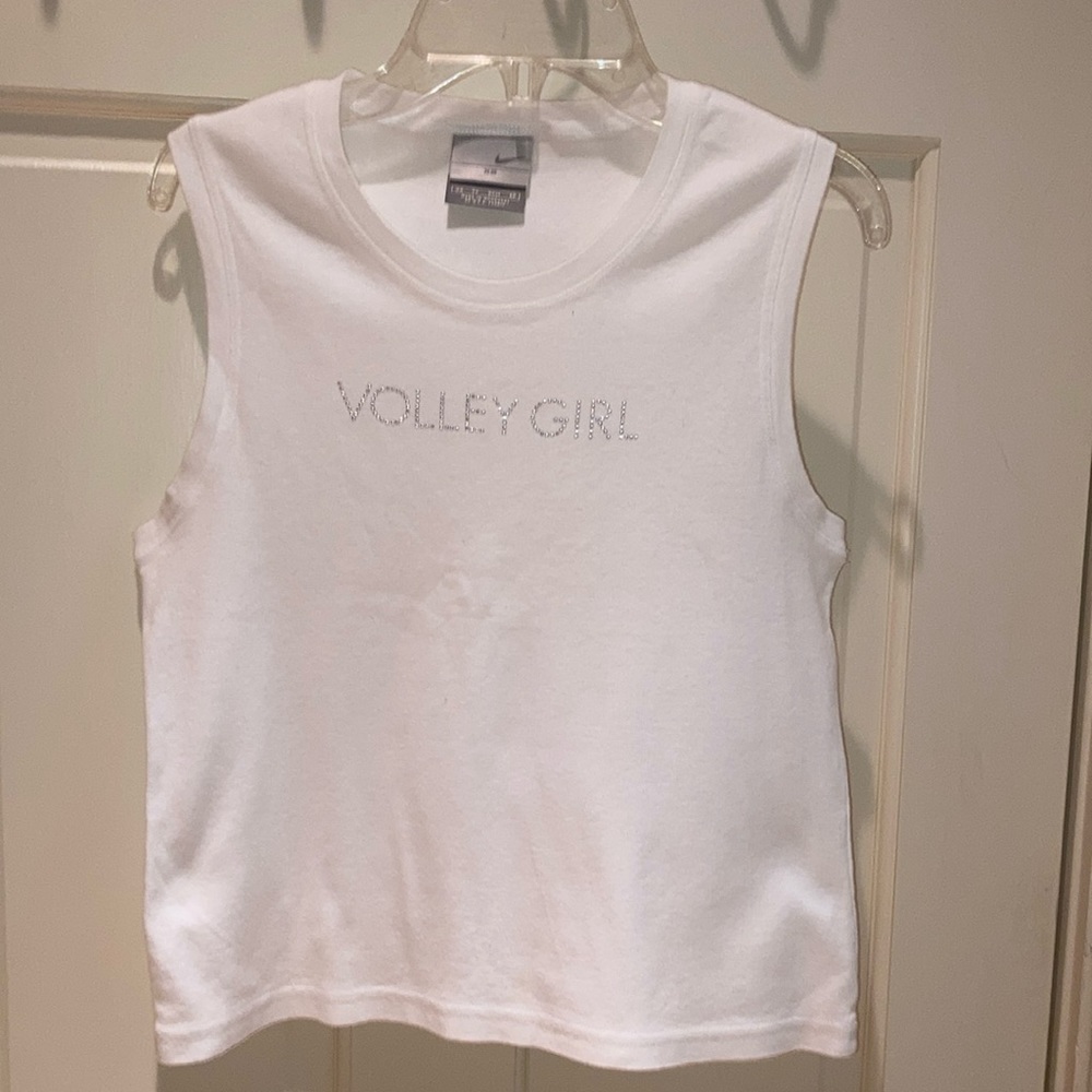 Nike white sleeveless top with silver rhinestone “volley girl.”
